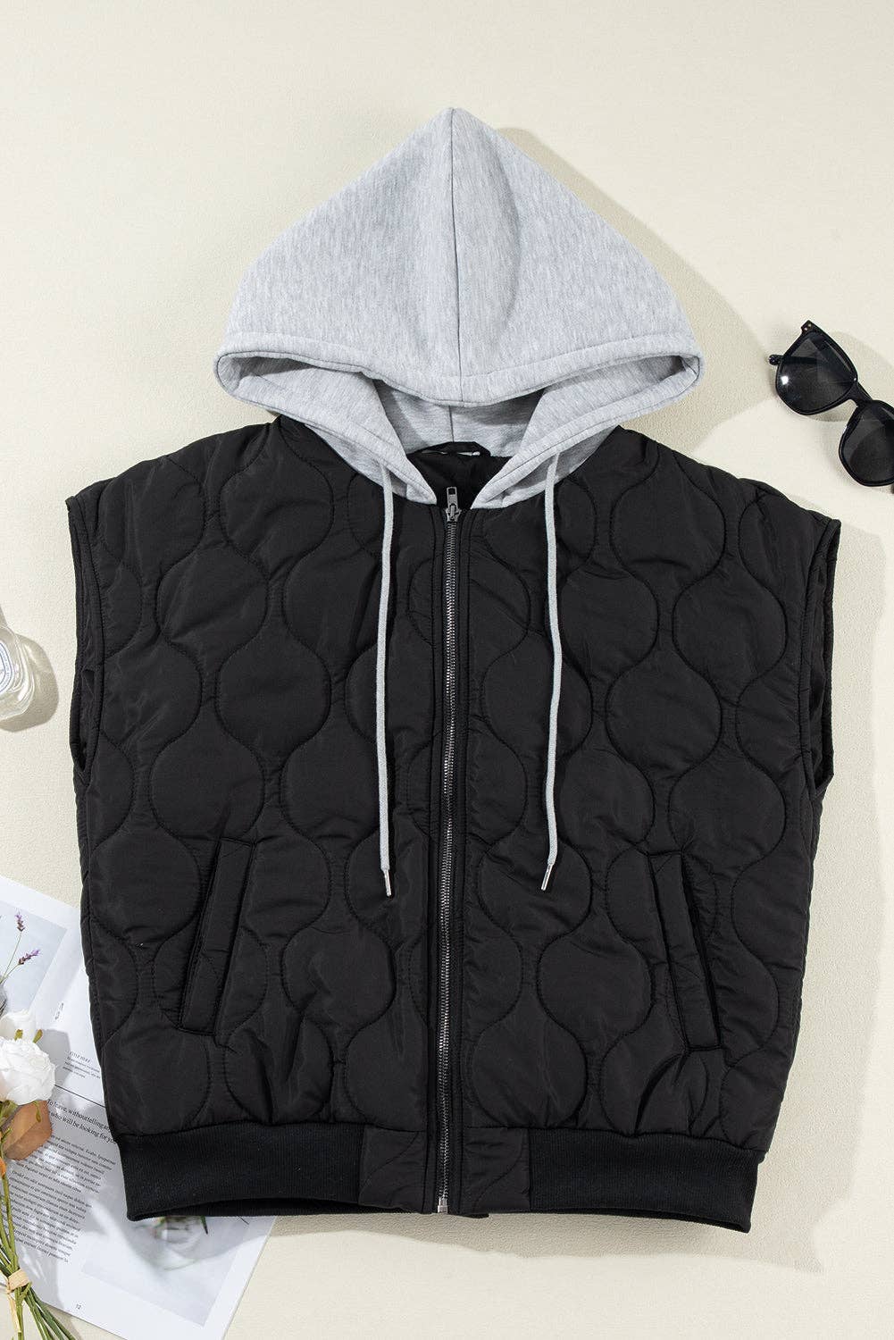 Quilted Drawstring Hooded Zip Up Puffer Vest k+co LIVING