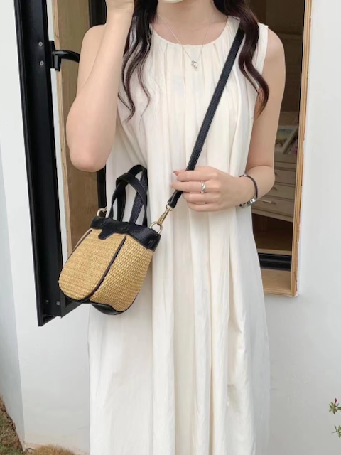 Small Faux Leather Handle Straw Tote/Crossbody Bag