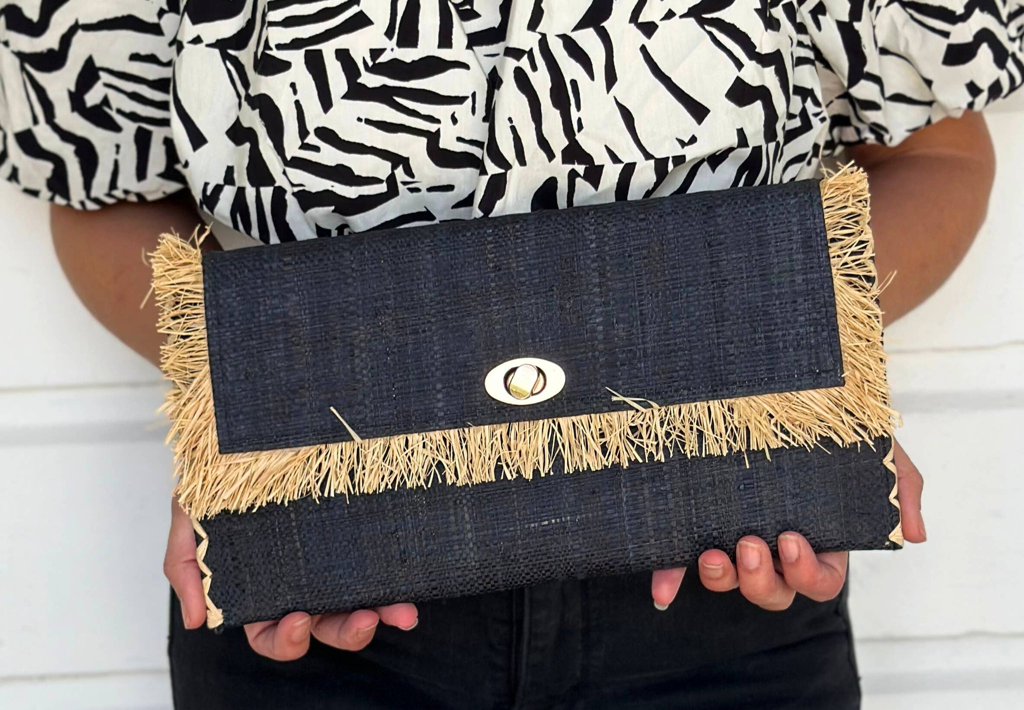 Sophie Straw Envelope Clutch Purse with Raw Fringe Trim Edge