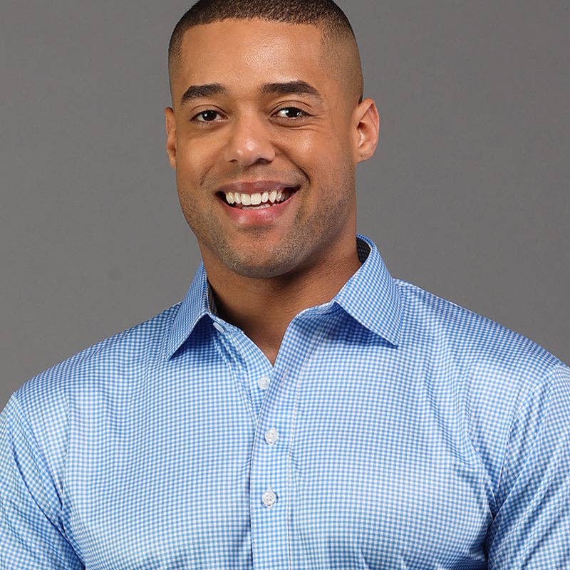 Semi-Spread Collar Polo Long Sleeve Light Blue Micro Gingham