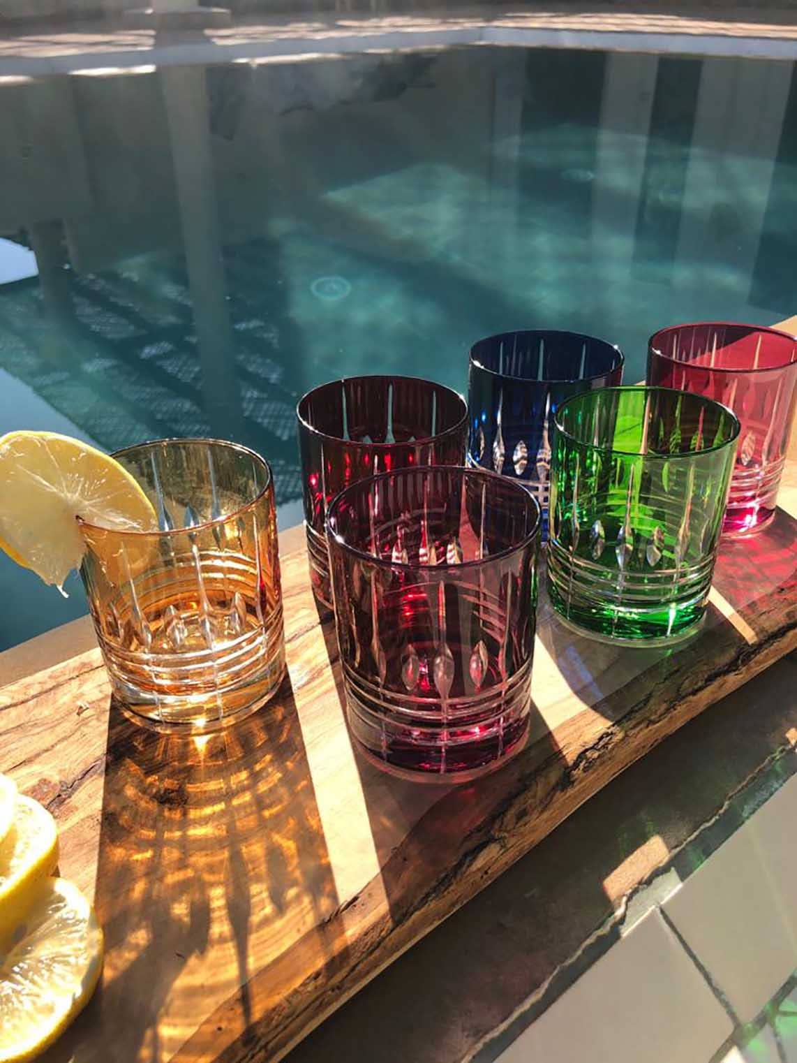 Colored Glasses w Carved Drops- Set of 6