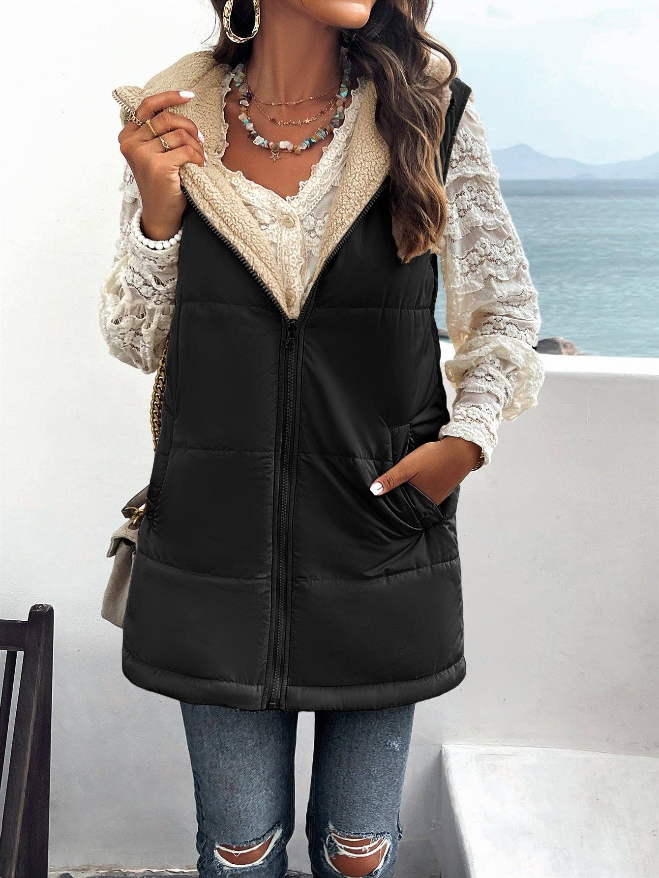 Women's Vest Sleeveless Fleece Jacket Zip Hoodie