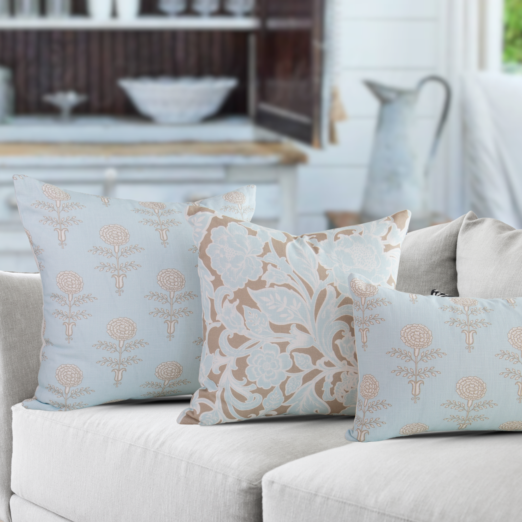 Elodie Sky Floral Block Print Pillow Cover