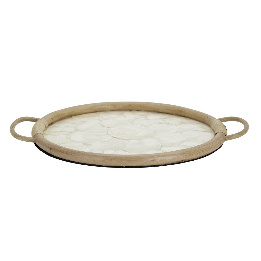 Ivory Capiz Round Rattan Wooden Tray 14.2" Round x 2"H