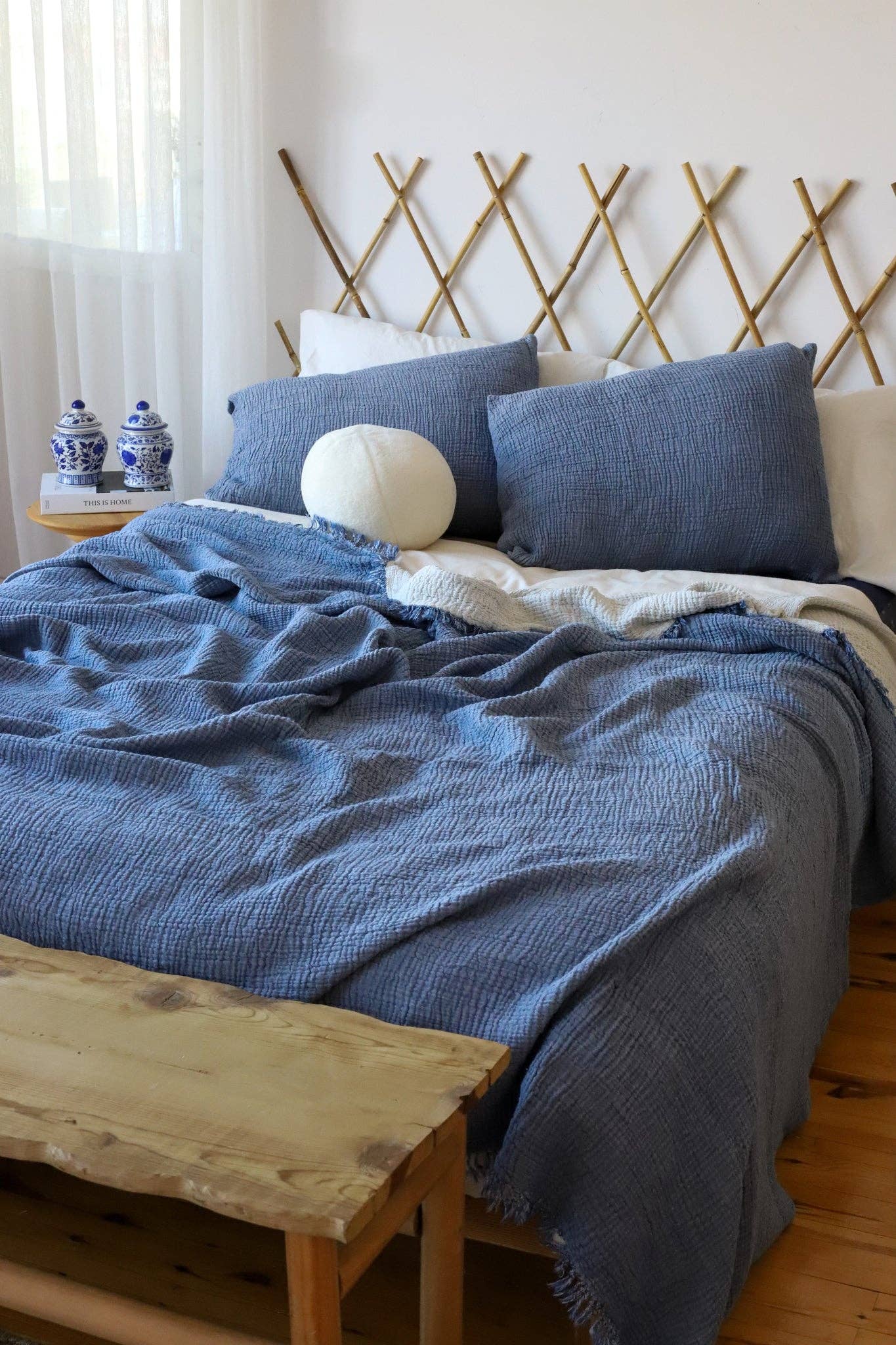 GOTS Certified Organic Muslin Cotton Throw Blanket, Gauze Fabric, Organic Cotton, Muslin King Bed Cover, Muslin Quilt Bedspread, Indigo Color