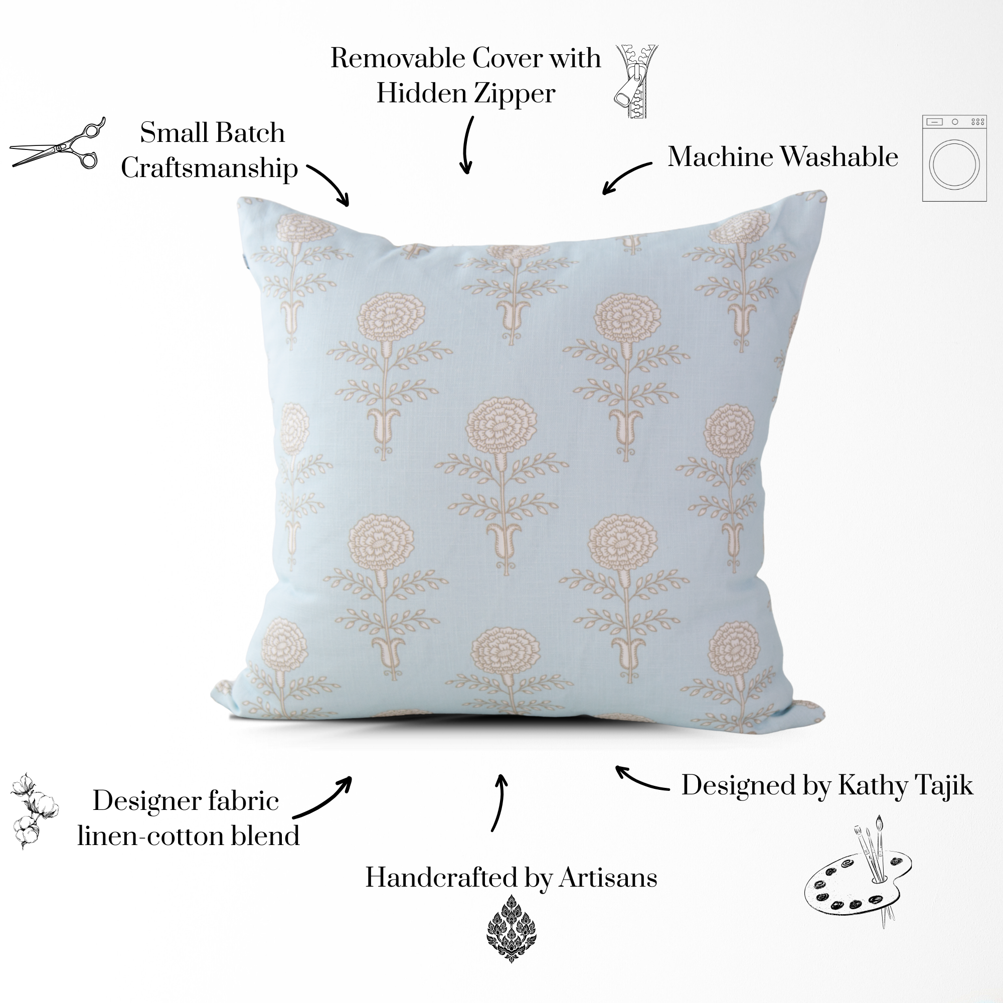 Elodie Sky Floral Block Print Pillow Cover