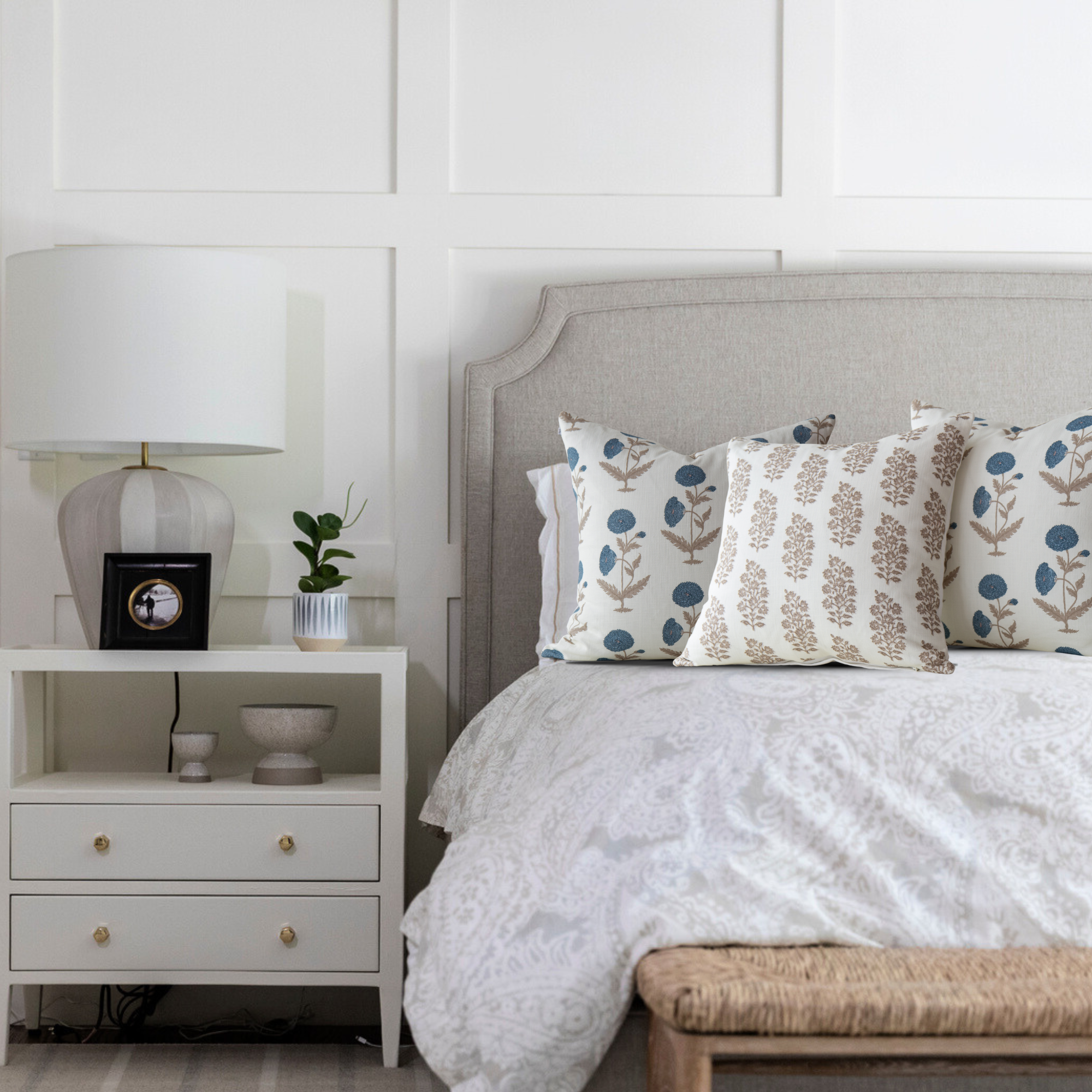 Daisy Blue Floral Block Print Pillow Cover