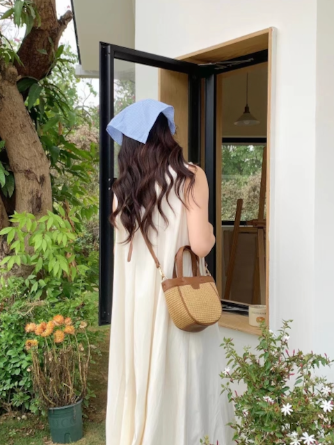 Small Faux Leather Handle Straw Tote/Crossbody Bag