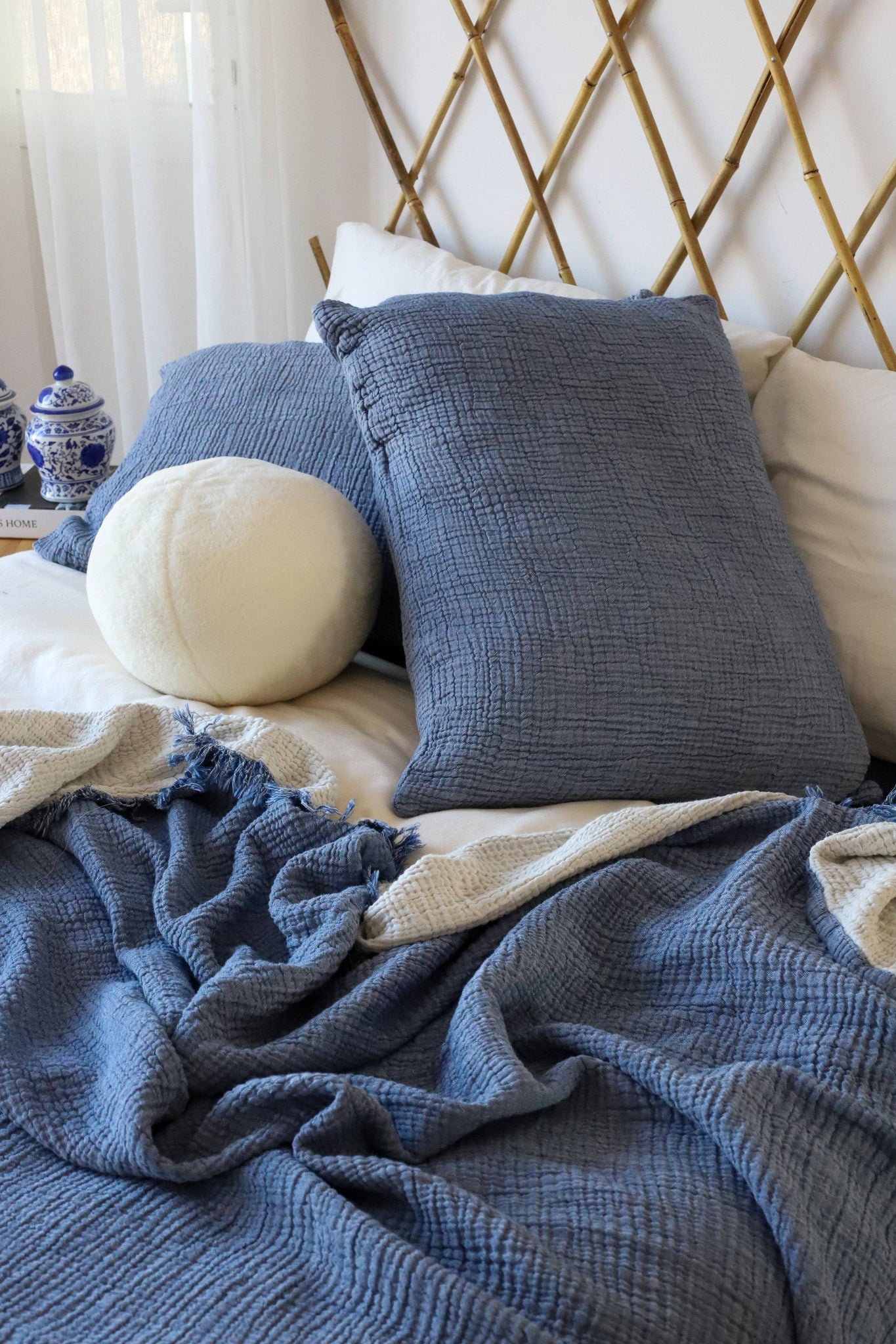 GOTS Certified Organic Muslin Cotton Throw Blanket, Gauze Fabric, Organic Cotton, Muslin King Bed Cover, Muslin Quilt Bedspread, Indigo Color