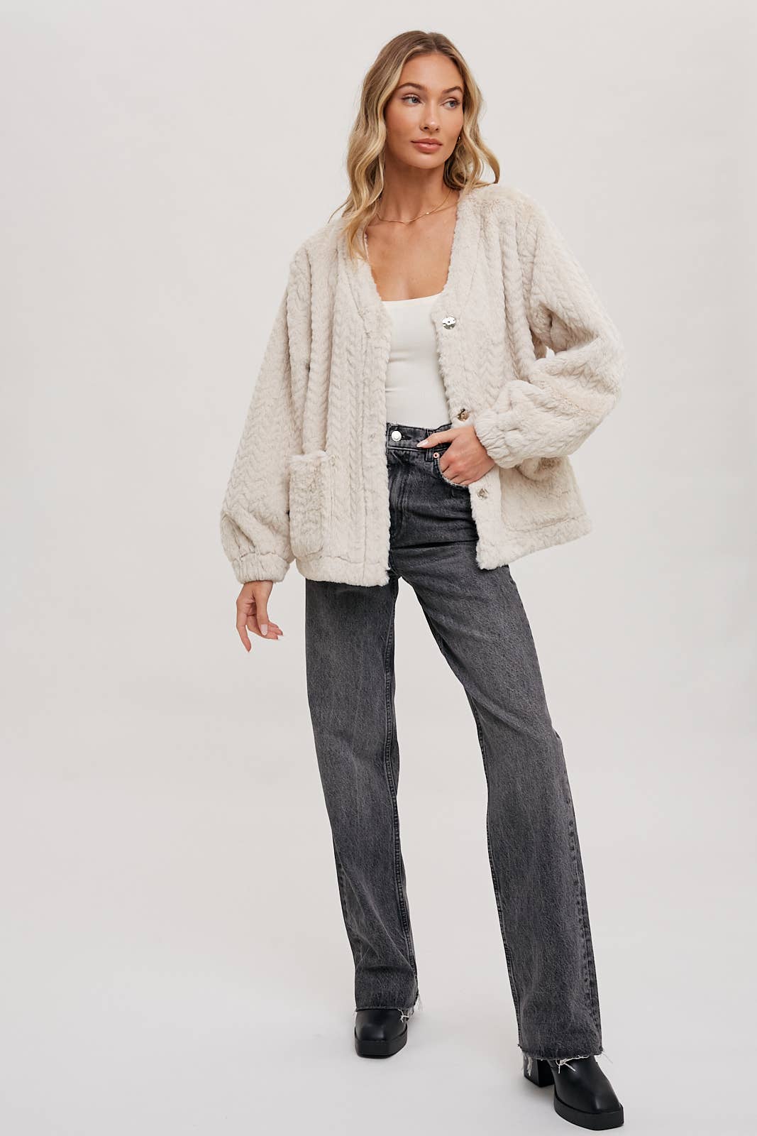 Button Front Eco Fur Jacket