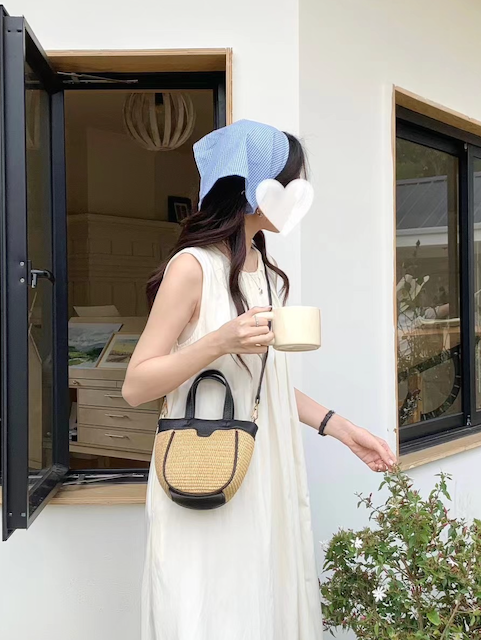 Small Faux Leather Handle Straw Tote/Crossbody Bag