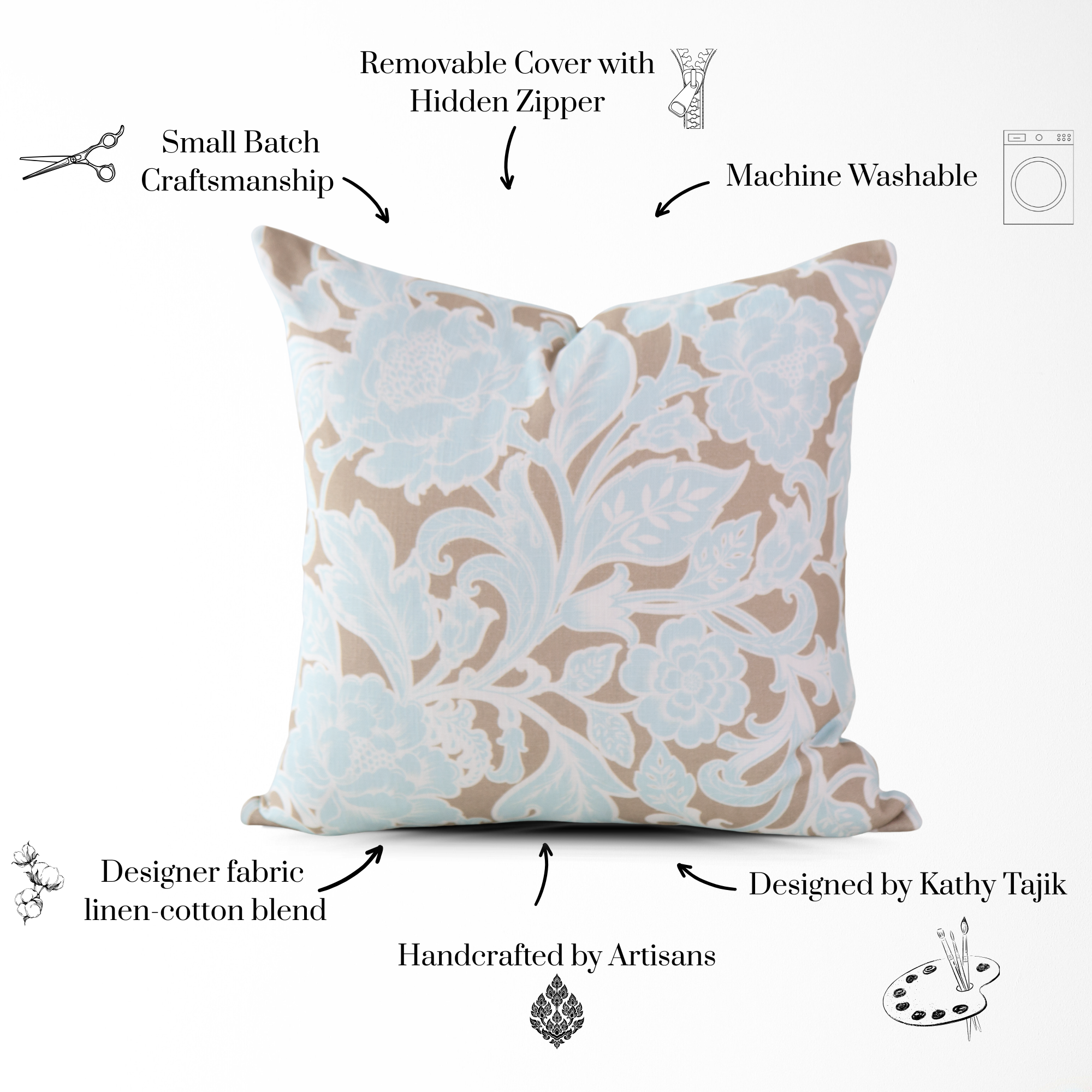 Kenna Sky Vintage Peony Block Print Pillow Cover