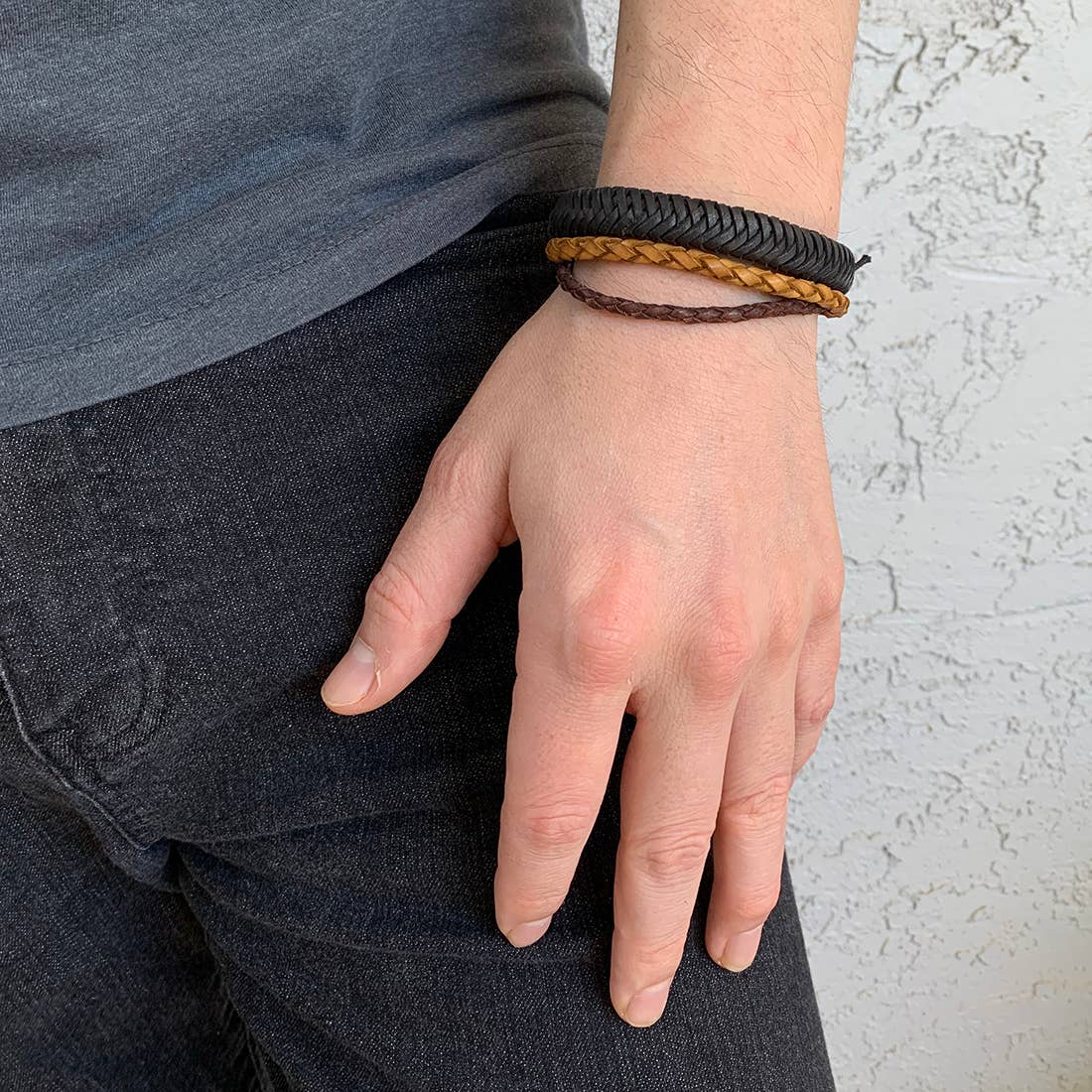 Aadi Brown, Tan, and Black Braided Leather Pull Tie Bracelet