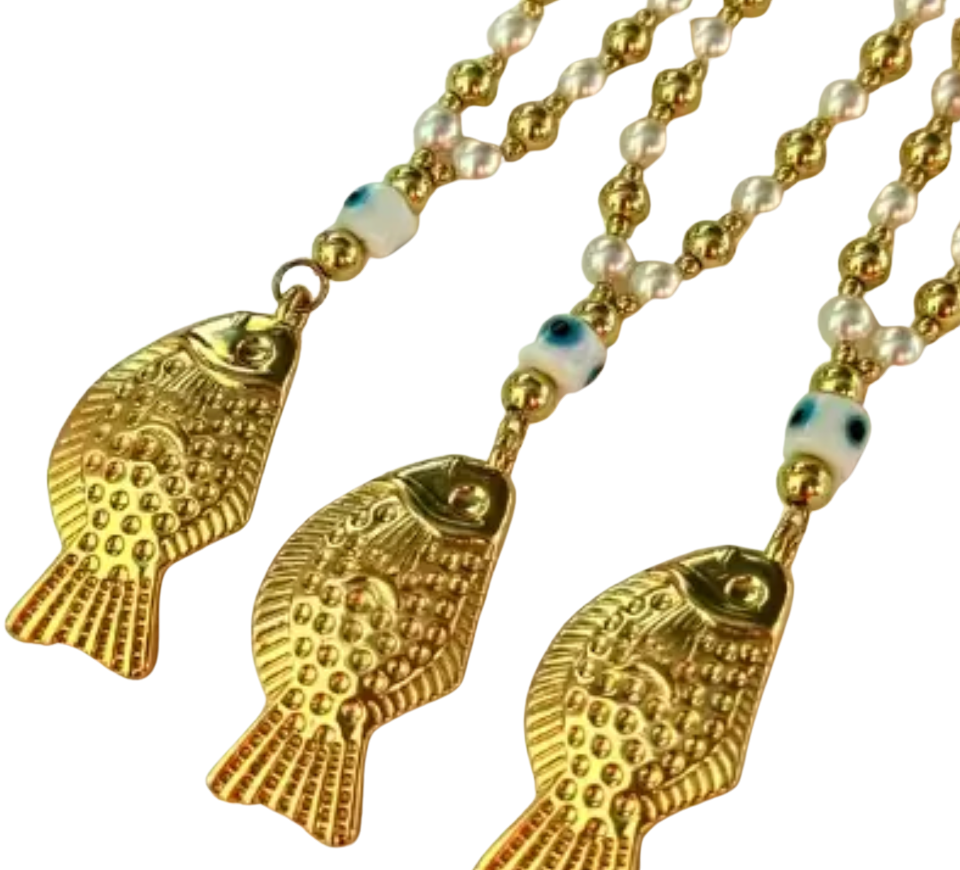 Aglio Italian Lucky Fish Pearl Evil Eye and Gold Necklace