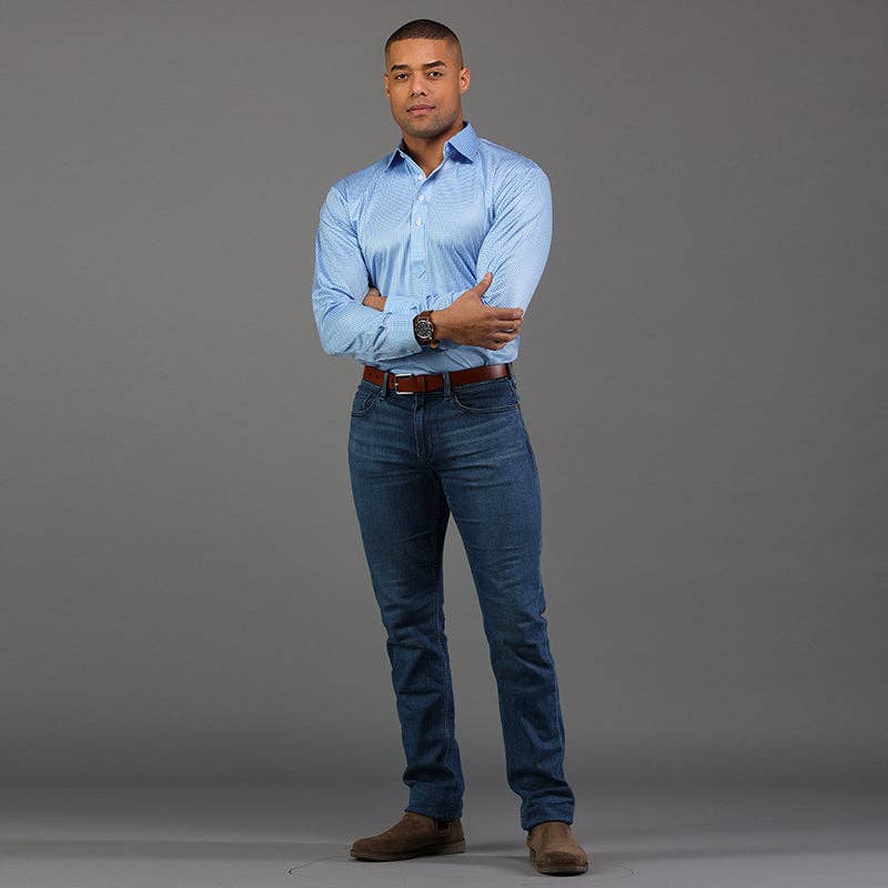 Semi-Spread Collar Polo Long Sleeve Light Blue Micro Gingham