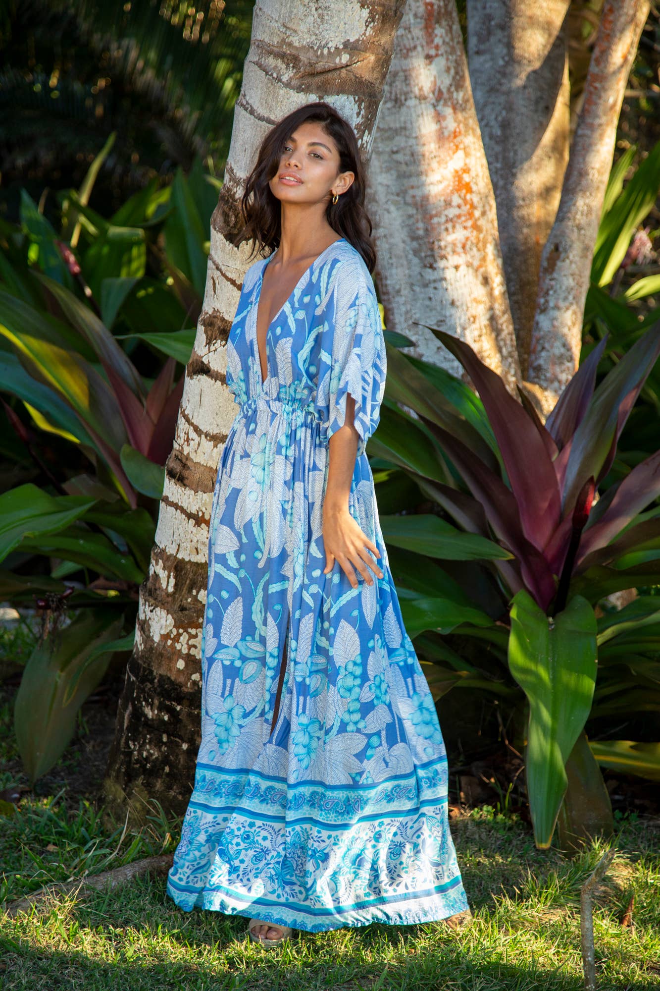 Premium Beach Cover-up Amy Kimono Maxi Dress in Kauai Blue Hawaiian