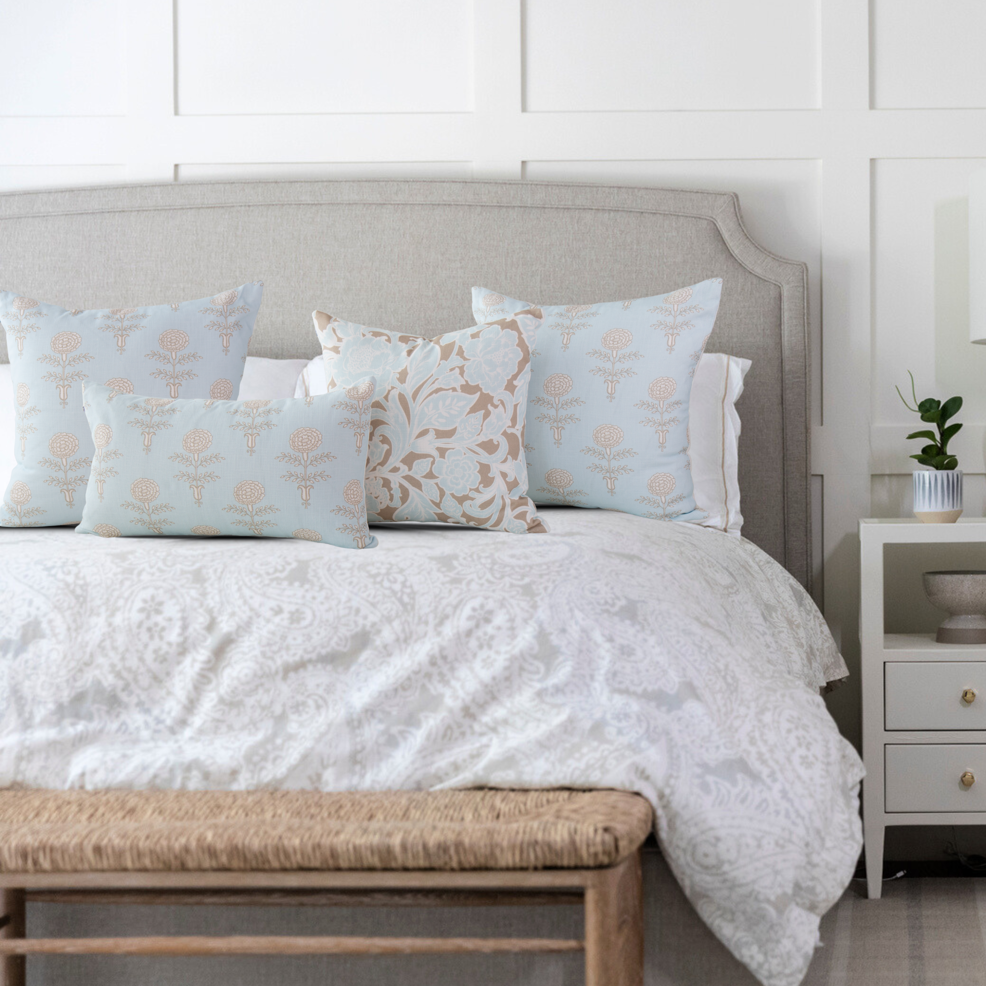 Elodie Sky Floral Block Print Pillow Cover
