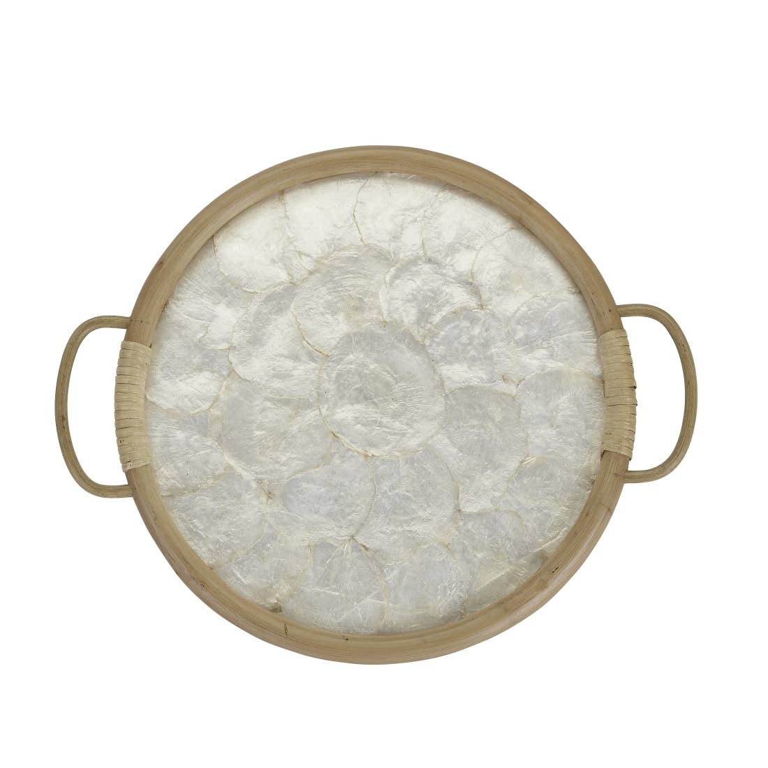 Ivory Capiz Round Rattan Wooden Tray 14.2" Round x 2"H