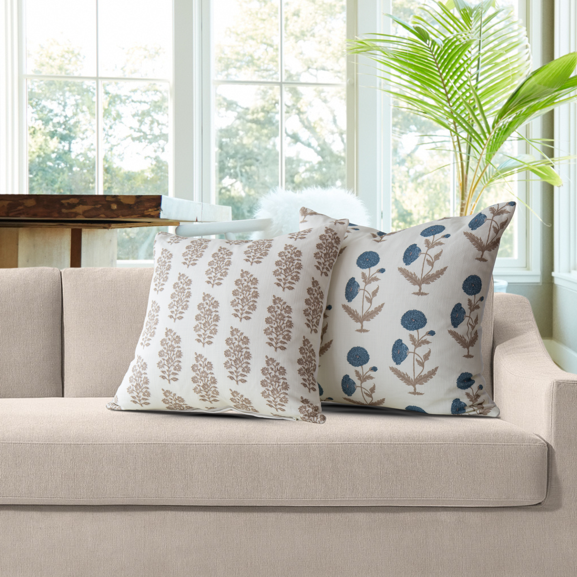 Daisy Blue Floral Block Print Pillow Cover