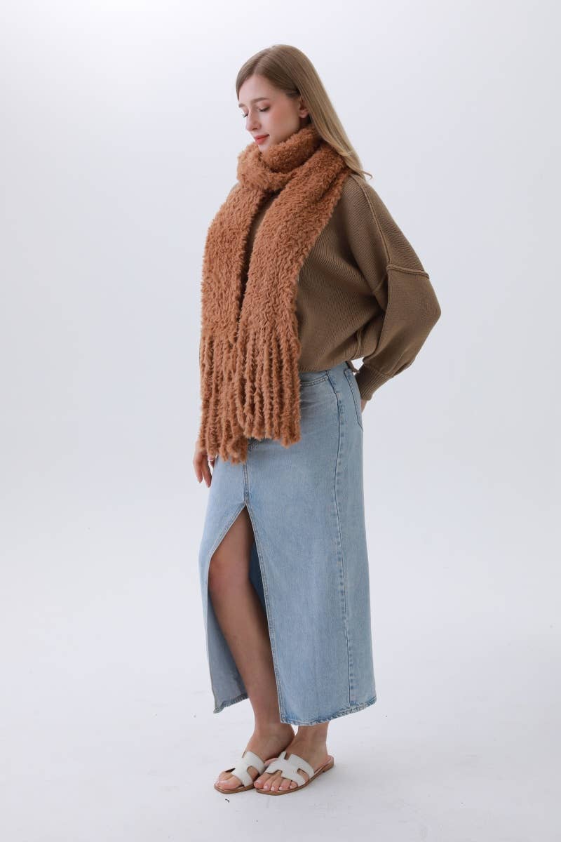 Plush Boucle Knit Scarf with Elegant Fringe – Cozy & Stylish