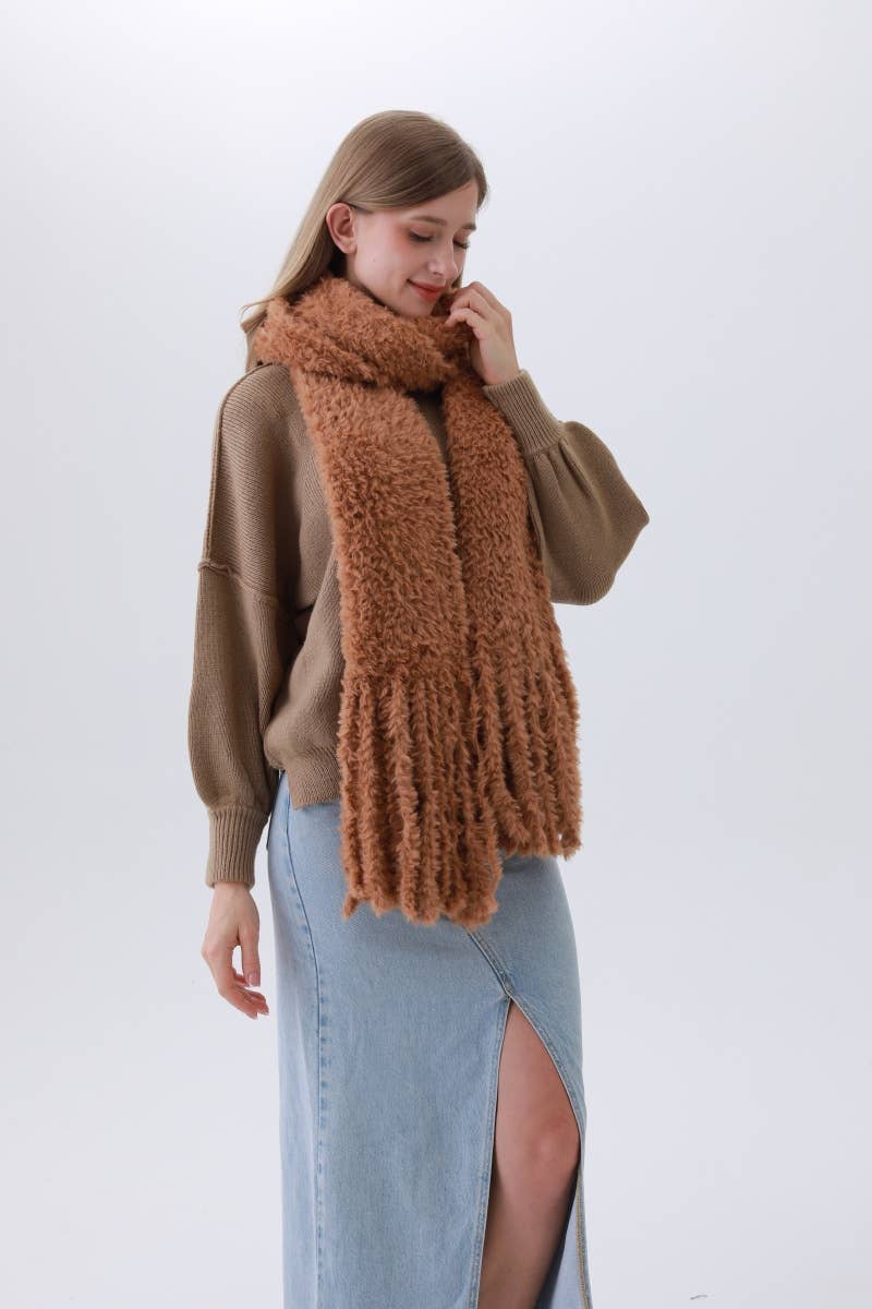Plush Boucle Knit Scarf with Elegant Fringe – Cozy & Stylish