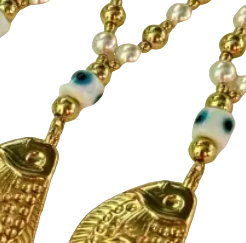 Aglio Italian Lucky Fish Pearl Evil Eye and Gold Necklace