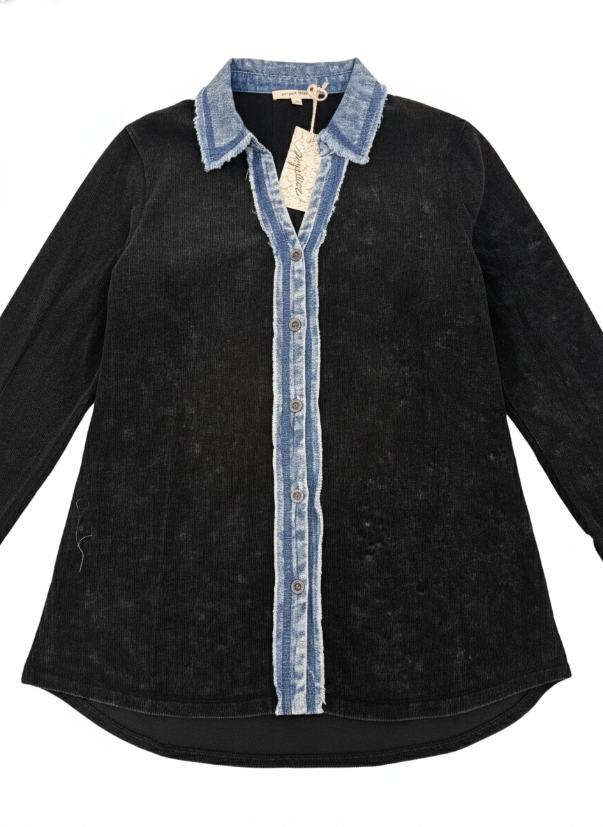 Washed Long-Sleeve Shirt with Denim Trim