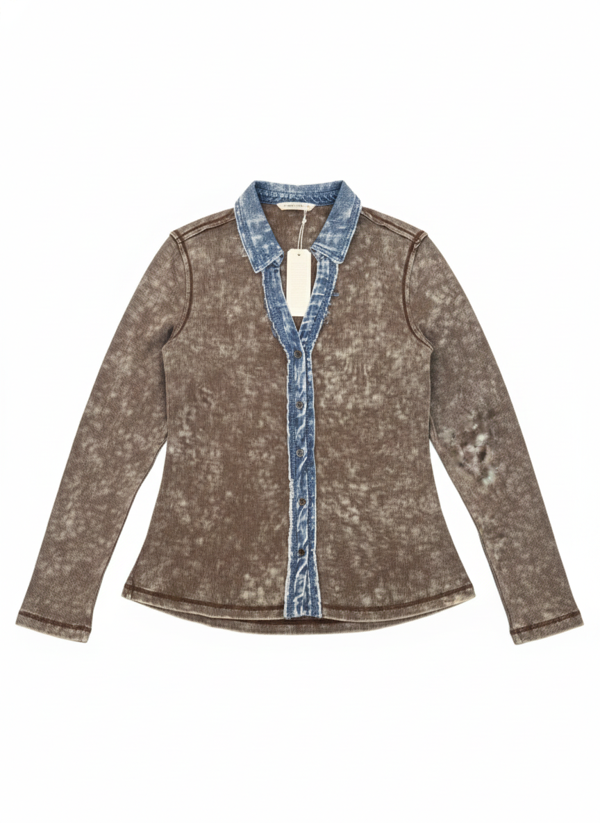 Washed Long-Sleeve Shirt with Denim Trim