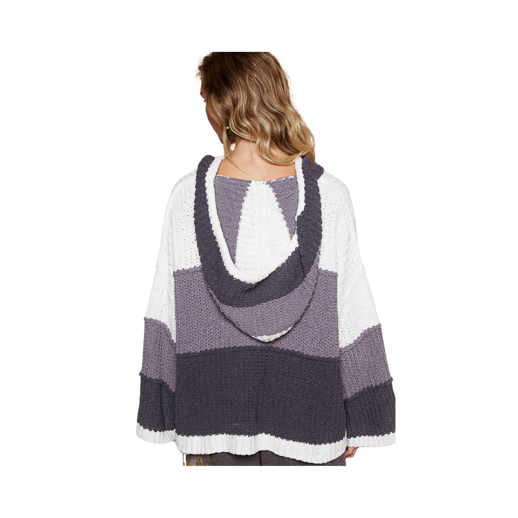 V-Neck Hooded Color Block Chenille Pullover