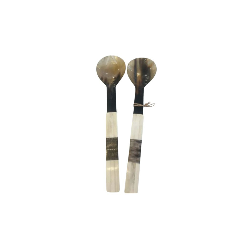 Variegated Horn with Bone Etched Handle Salad Server Set