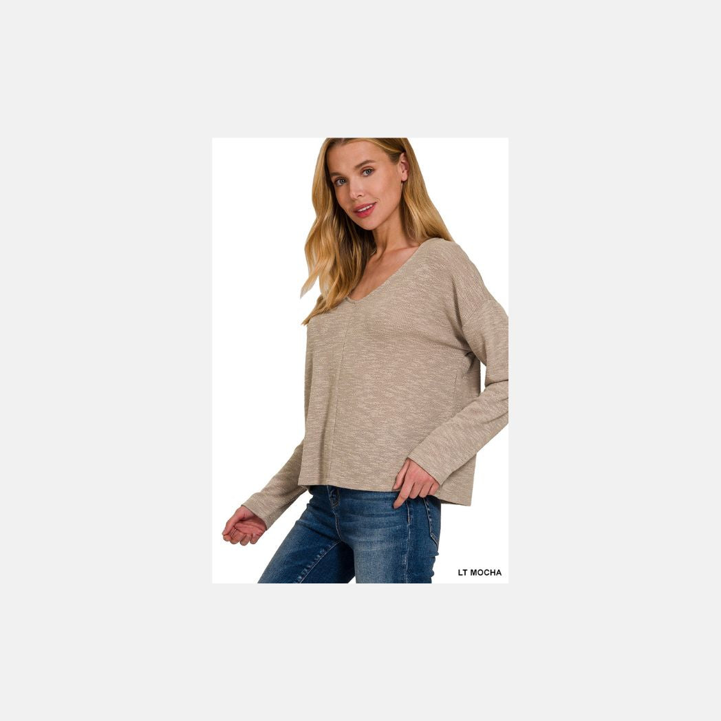 V neck crop slub hacci top