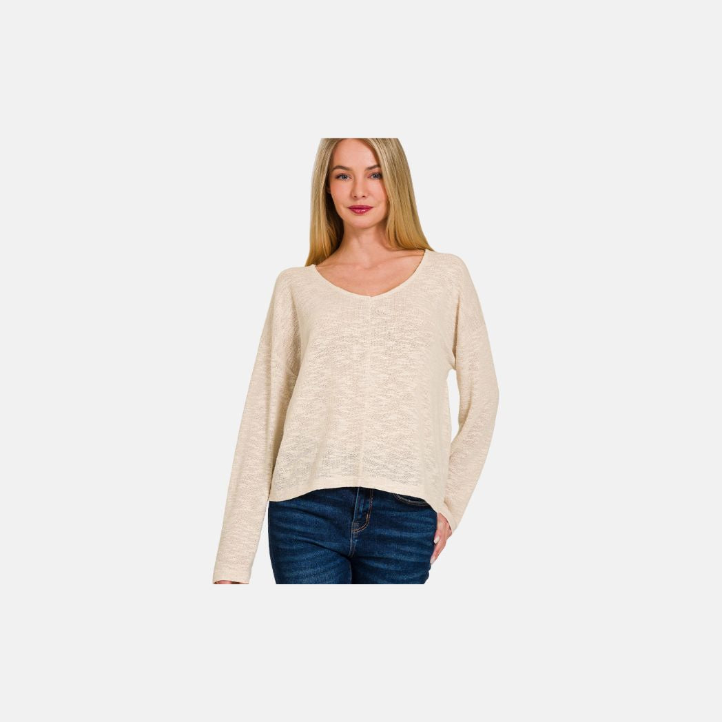 V neck crop slub hacci top