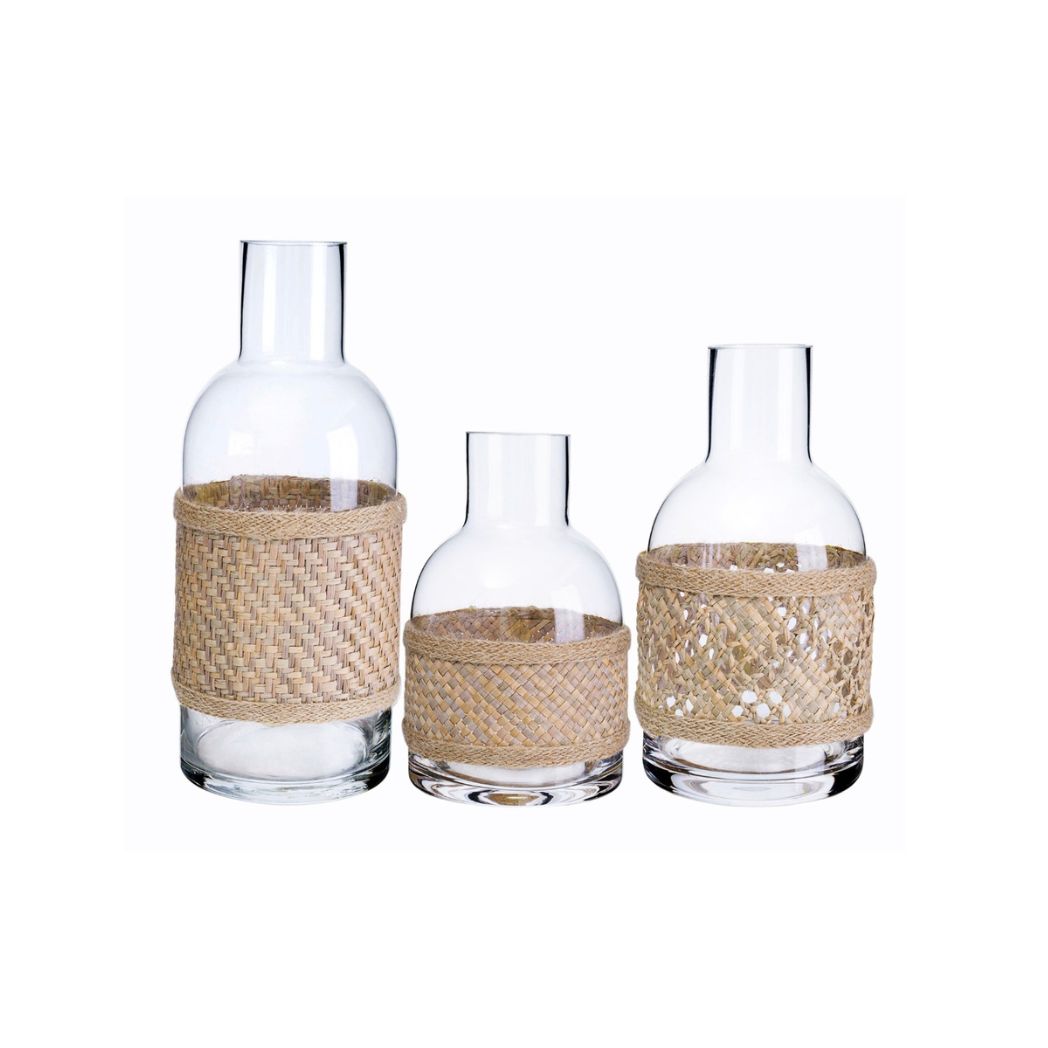 Glass & Wicker Vases - Set of 3