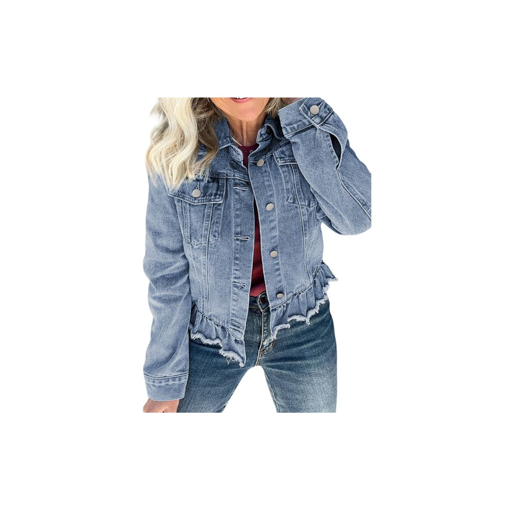 Beau Blue Ruffle Raw Hem Flap Pockets Denim Jacket