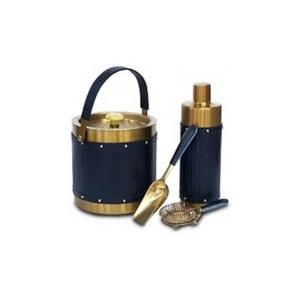 Brass and Navy Leather Cocktail Set- Set of 4