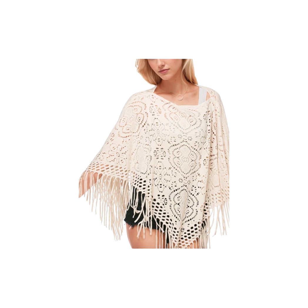 Open Stitch Lace Beach Knit Poncho with Fringe