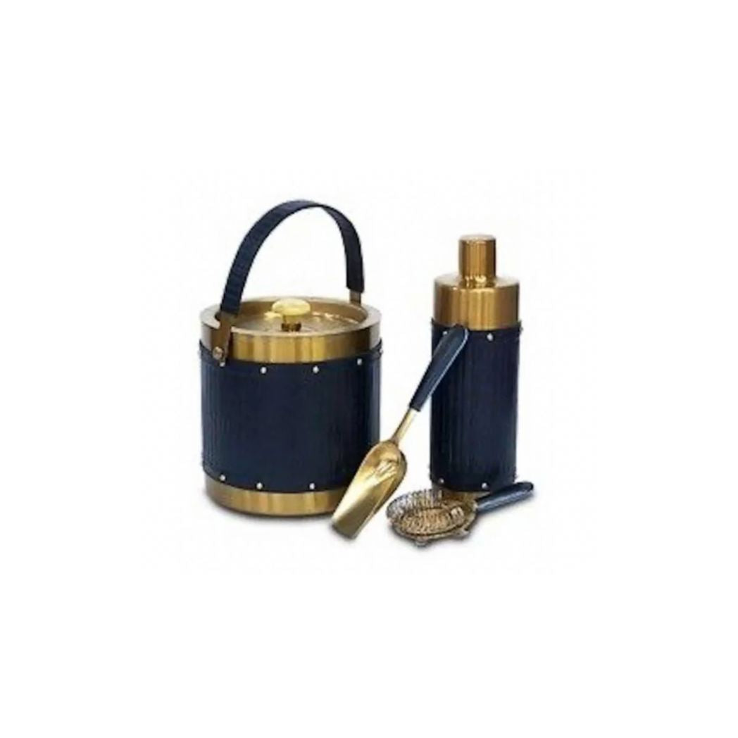Brass and Navy Leather Cocktail Set- Set of 4
