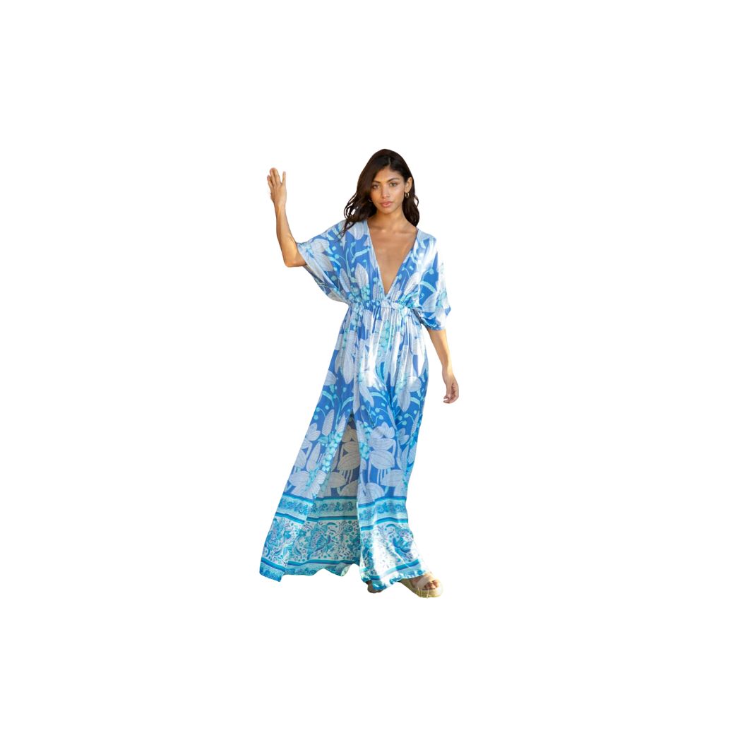 Premium Beach Cover-up Amy Kimono Maxi Dress in Kauai Blue Hawaiian