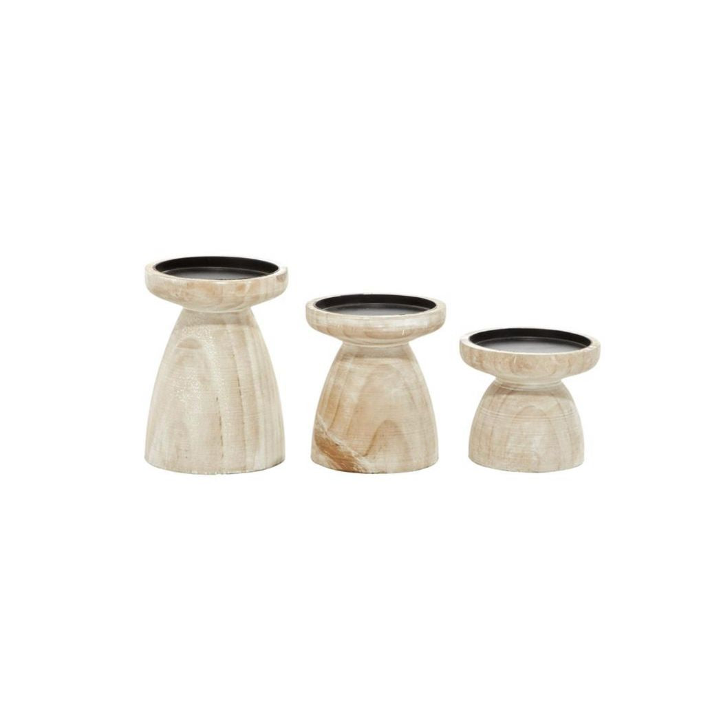 Wood Pillar Candle Holder with White Wash Finish, Set of 3