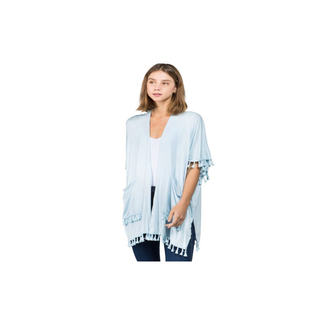 Solid Tassel Jersey Kimono with Pockets