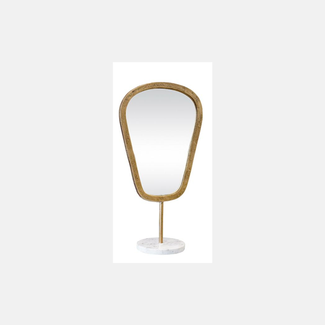 Table Top Mirror In Aged Gold Finish On White Marble Base- 3 Sizes