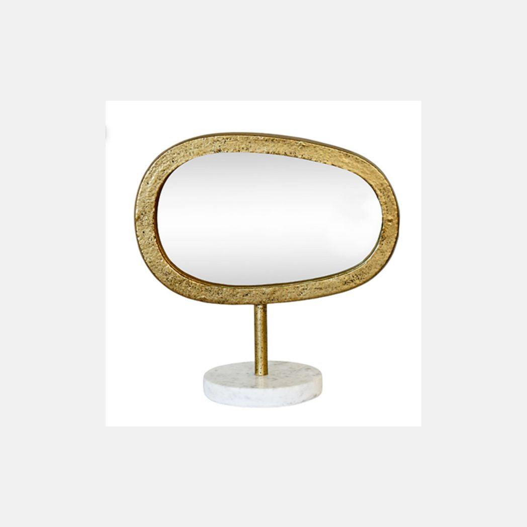 Table Top Mirror In Aged Gold Finish On White Marble Base- 3 Sizes
