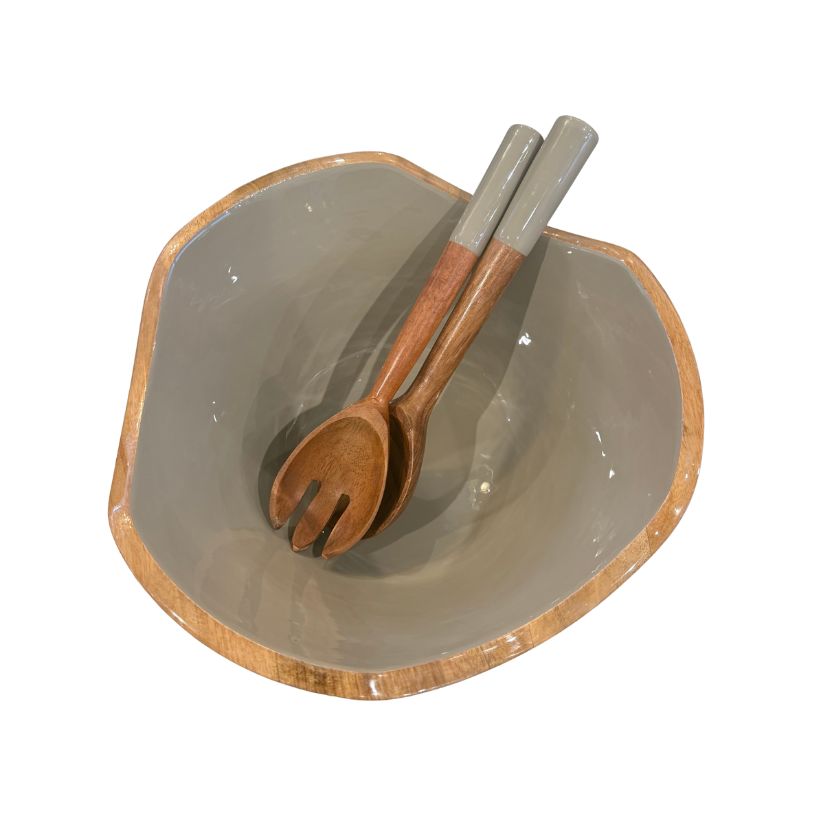 Handcrafted Mango Wood Enamel Serving Bowl Set – Natural Taupe