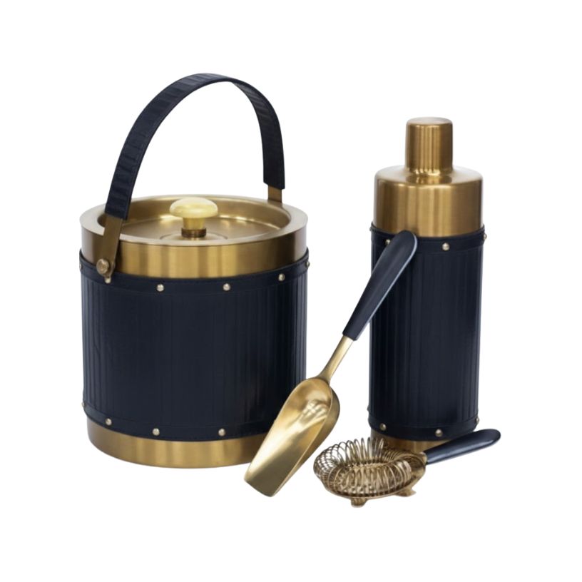 Brass and Navy Leather Cocktail Set- Set of 4