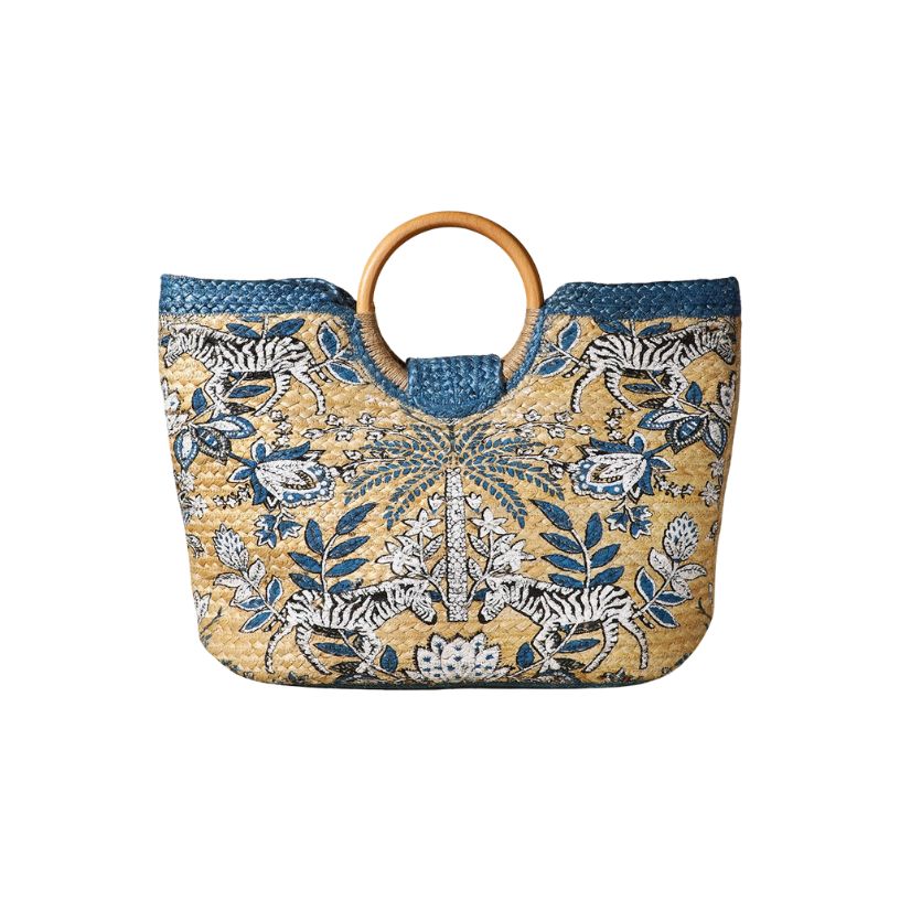 Blue Floral Print Jute Market Tote