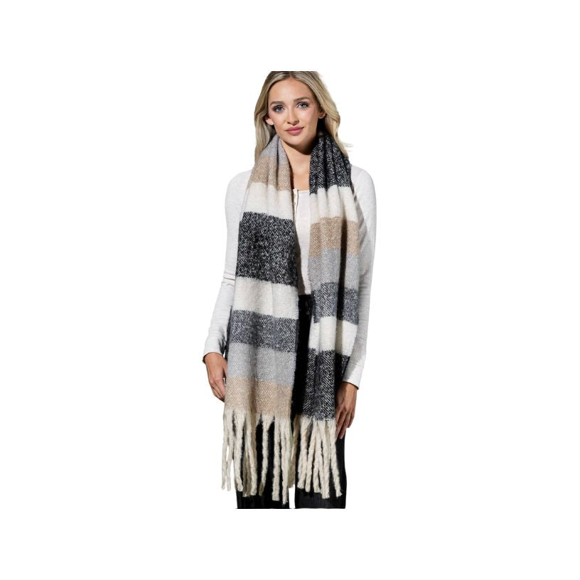 Neutral Multi Color Stripped Brushed Fringe Scarf