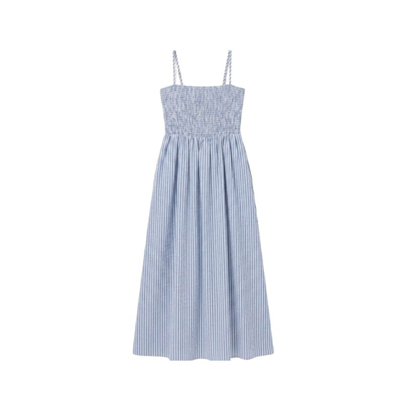 blue and white smocked midi dress Nora Strapless Smocked Midi Dress Blue Multi / XS