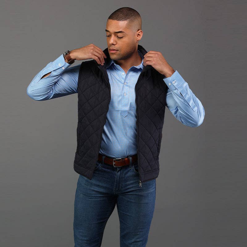 Semi-Spread Collar Polo Long Sleeve Light Blue Micro Gingham