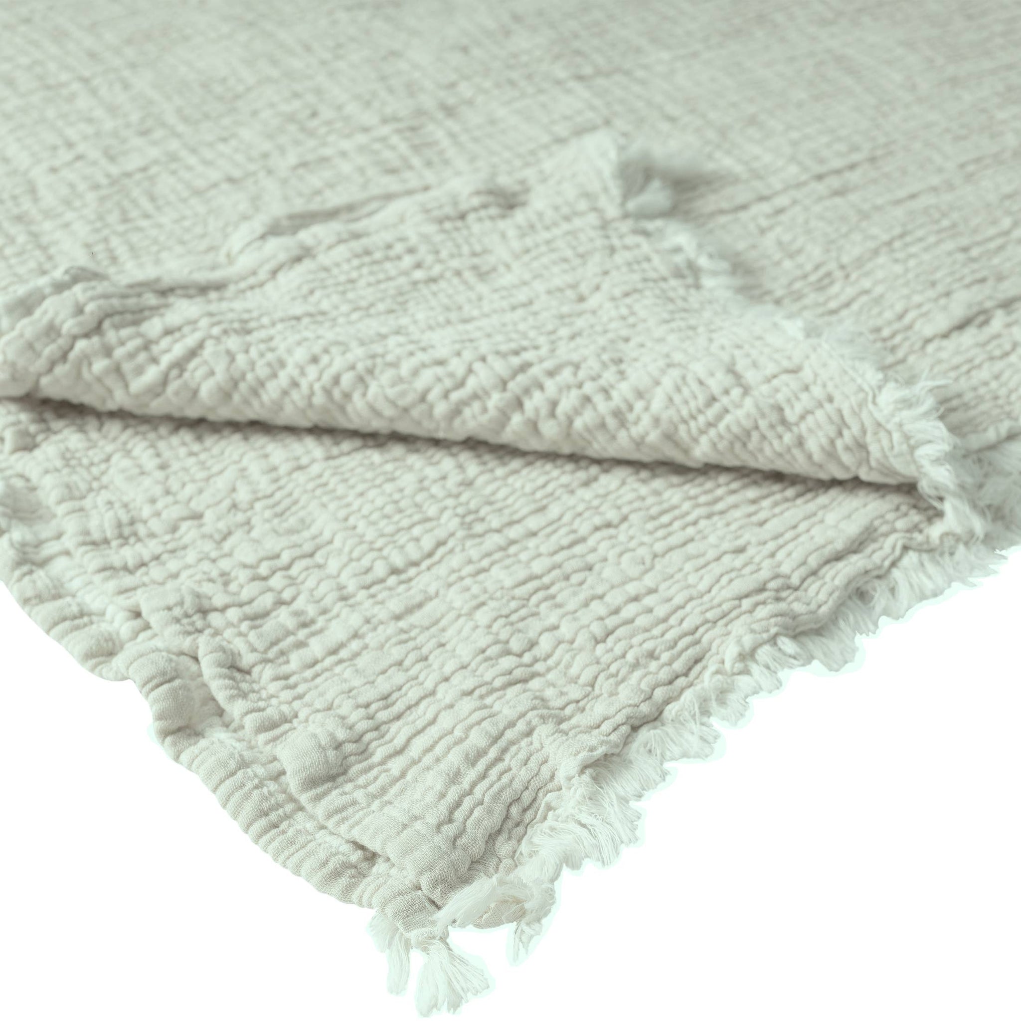 Sandy Crinkled Cotton Throw Blanket with Fringe