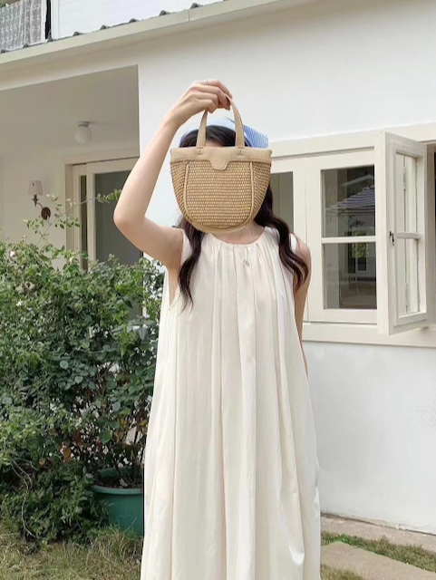 Small Faux Leather Handle Straw Tote/Crossbody Bag